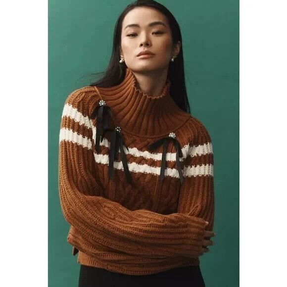 Anthropologie Maeve Turtleneck Balloon-Sleeve Bow Sweater Sz MP Petite Brown - Picture 1 of 15